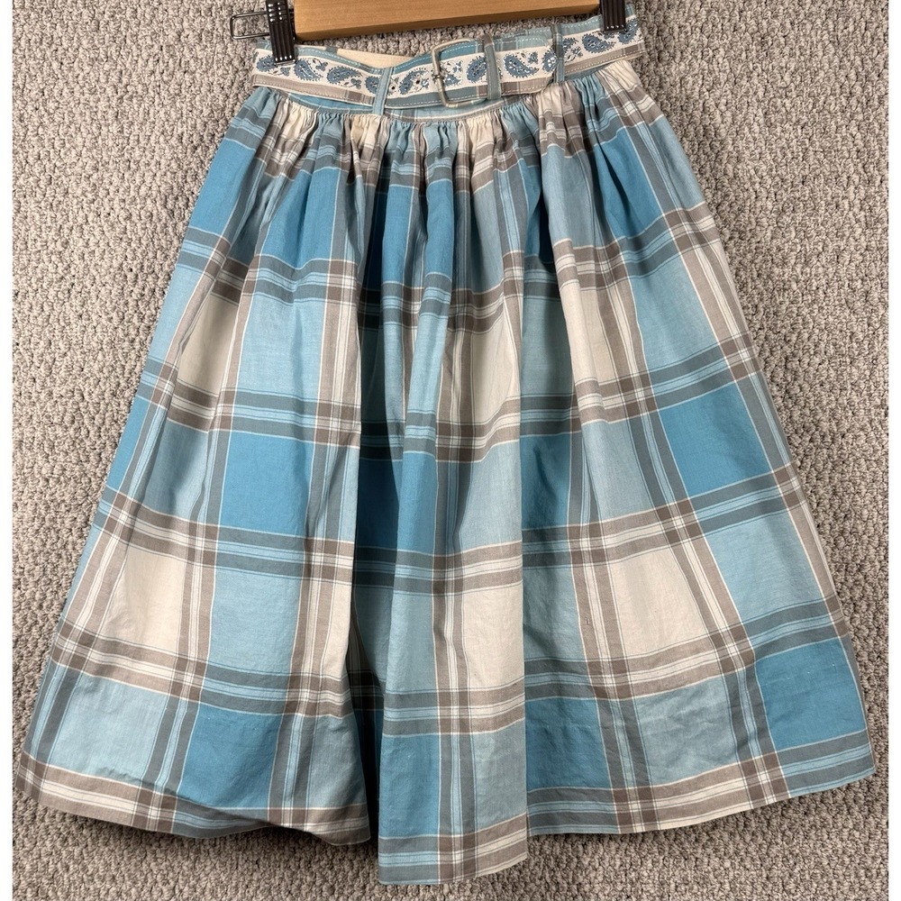 Vintage 50s Plaid Circle Skirt Blue‎ Belted Rockabilly Pinup XS 22 Waist
